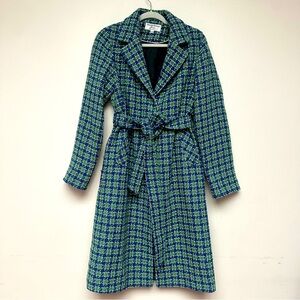 Helene Berman London Tweed Belted Coat Blue Green Size 10